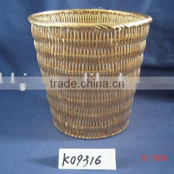 Gold Round Rattan Woven Iron Frame Storage Trash Basket