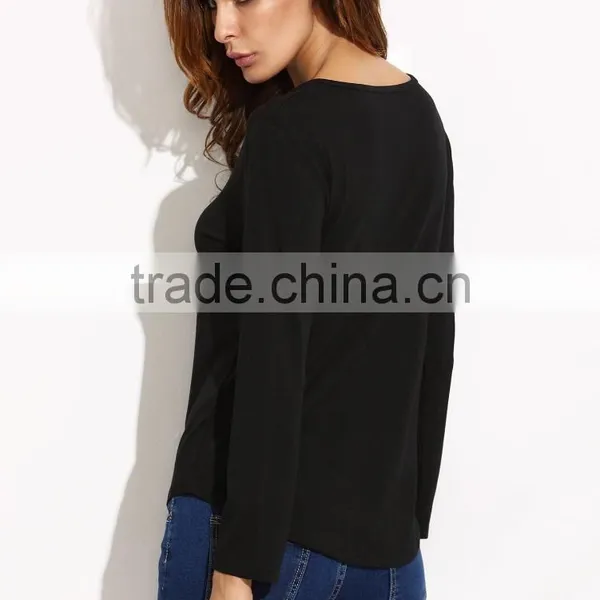 Black V Neck Lace Up Curved Hem T-shirt photo-4
