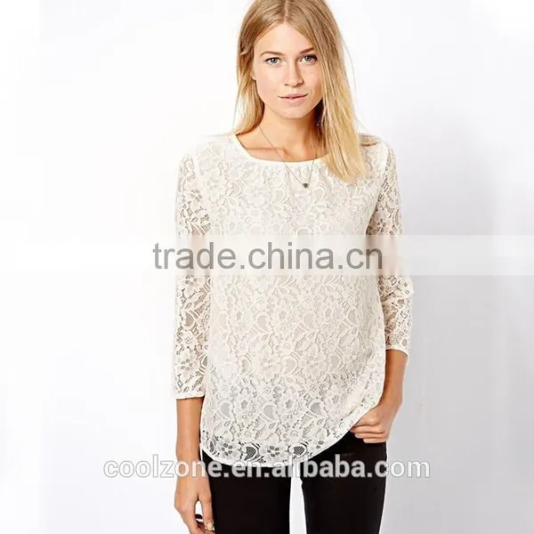 Elegant White Basic Woman Blouse Fashion Sheer Crochet Lace Blouse 2015 photo-2