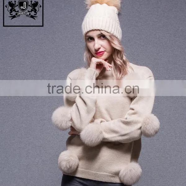 High Quality Fox Fur Pom Pom Decorated Woollen Sweater for Ladies photo-3