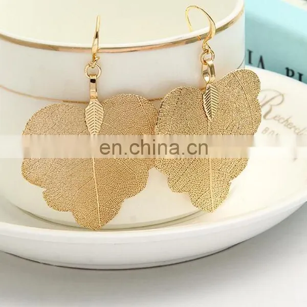 Fashion Real Natural Leaf 24K Gold Leaf Earring