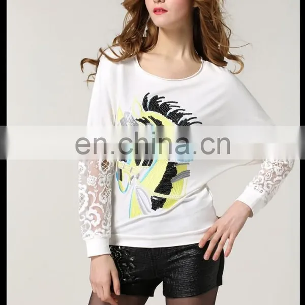 Fashion Spring Design Round Neck Batwing Long Sleeves Whit Blouse With Lace