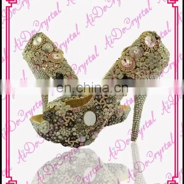 Aidocrystal 2016 Golden Ladies Crystal Bling Fabulous Clear Shining Jewel High Heels Peep Toe Wedding Shoes