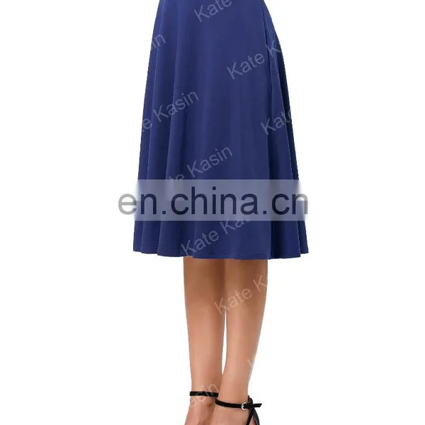 Kate Kasin Occident Women's High Stretchy Navy Cotton High Waist A Line Flared Skirt KK000279-2 photo-2