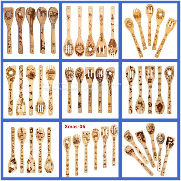 Christmas Bamboo Cooking Utensils Set Burned/bamboo Kitchen Spoons Set Laser Carving Kitchenware Bambu Cooking Utensil Set Engraved