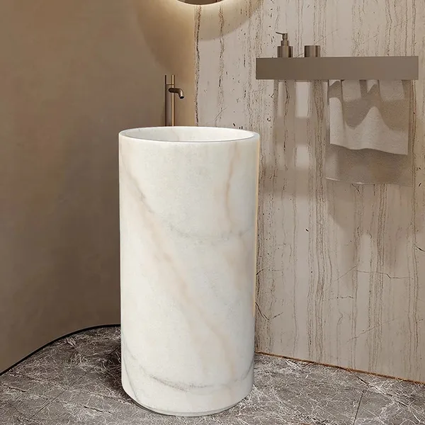 Factory Production Luxury Marble Colored Sink Round Shape Modern Stand Single Bathroom Pedestal Basin Pedestal Sink Polished photo-3