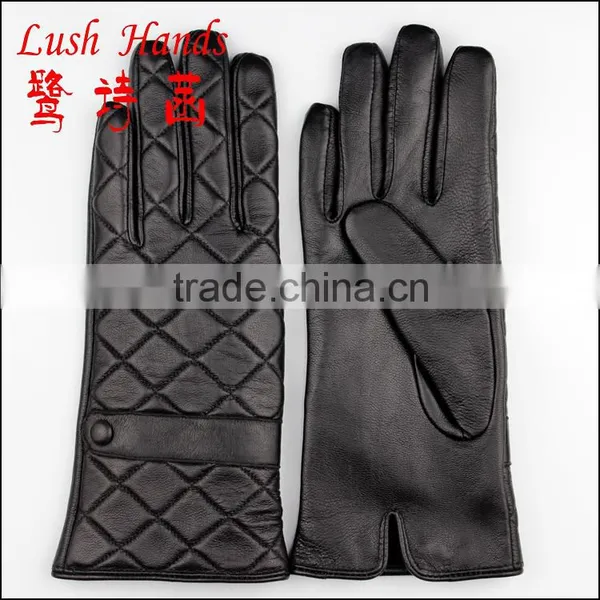 Black Checked Smart Phone Goat Skin Gloves for Women With Leather Watch Strap