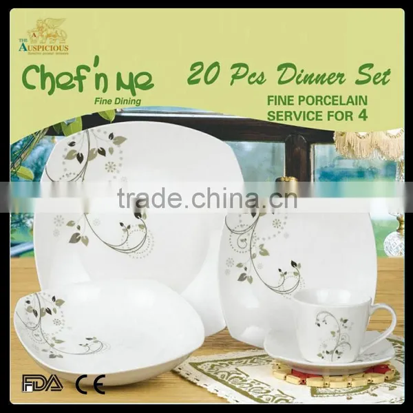 20pcs Square Decal Porcelain Dinner Set, Hotsale Square Dinner Set