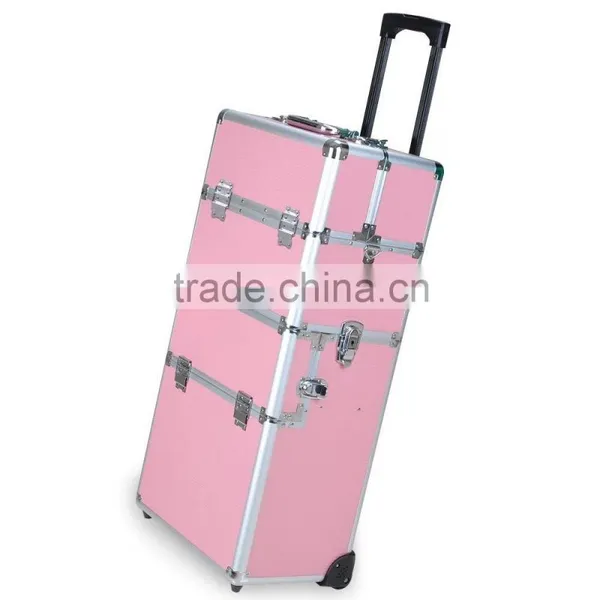 38" Pink 2 In1 Aluminum Rolling Makeup Train Case Lockable Wheeled Cosmetic Box Quality Choice photo-5