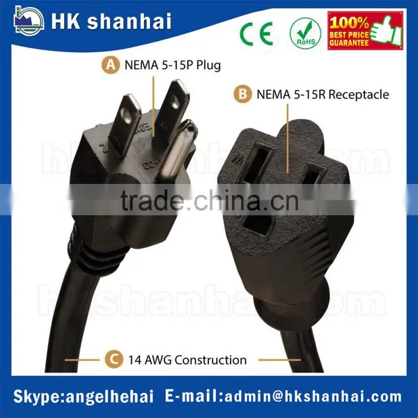 Hot New Products for 2016 SJT 3-Conductor NEMA 5-15P to NEMA 5-15R Heavy Duty AC Standard Power Extension Cord photo-5