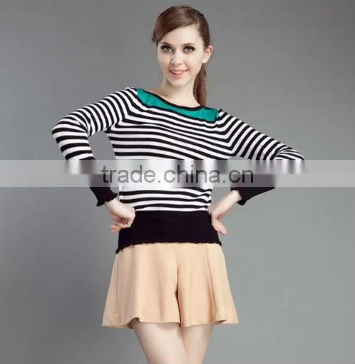 OEM Ladies Fashion Long Sleeve Boat Neck Stripe Woman Slim Pullover Sweater