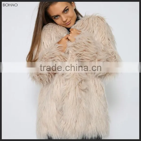 2015 New Fashion High Quality Long-haired Imitation Wool Women Winter Black Faux Fur Long Coat photo-3