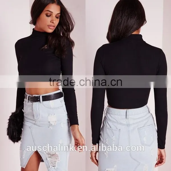 2016 Custom Ladies High Neck Long Sleeve Black Ribbed Crop Top photo-6