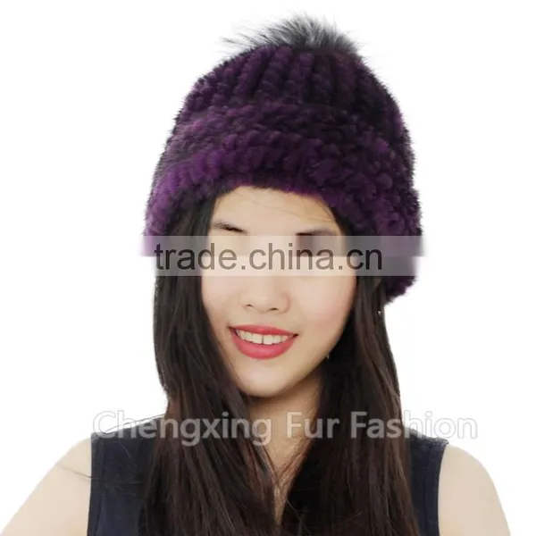 CX-C-239N Women Knitted Real Mink Fur Hats With Fox Fur Pom Pom photo-5