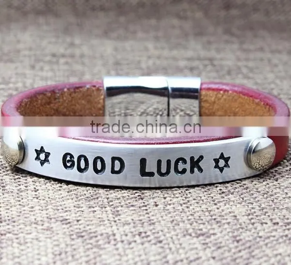 Metal Logo Tag Leather Bracelet Bangle Custom Letter Stamped Charm Leather Bangle Bracelet Promotion Leather Bracelet photo-5