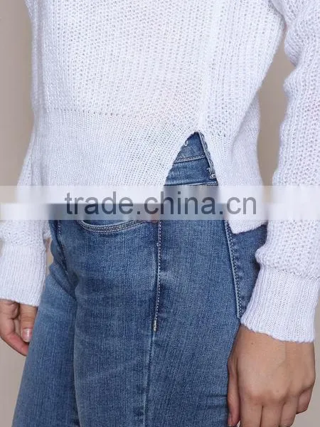 MGOO New Arrival Women V Neck Sweaters Split Long Sleeves Knitted Fast Fashion Tops Plain White Sweaters photo-3