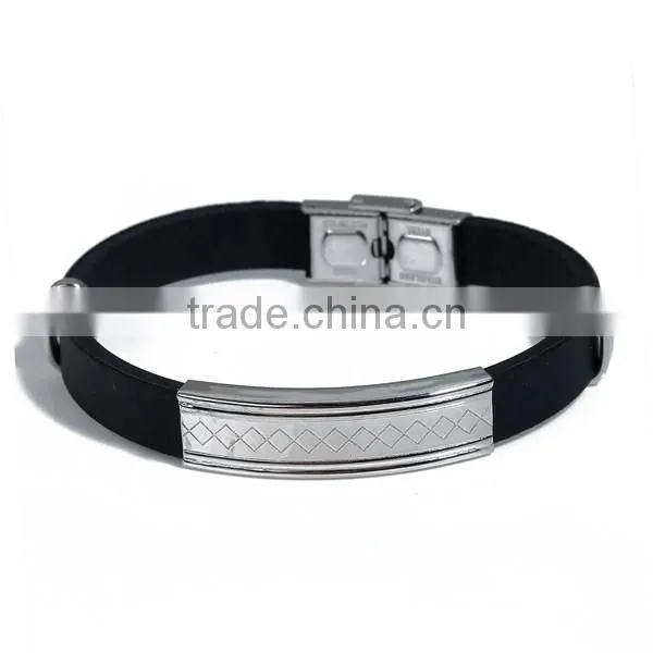 Promotional Black Rhombus 304 Stainless Steel Rubber Wristbands Silicone Bracelet photo-2