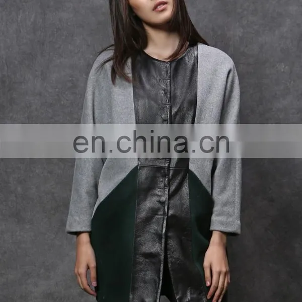 Wool Coat With Leather Patchwork Design for Women photo-3