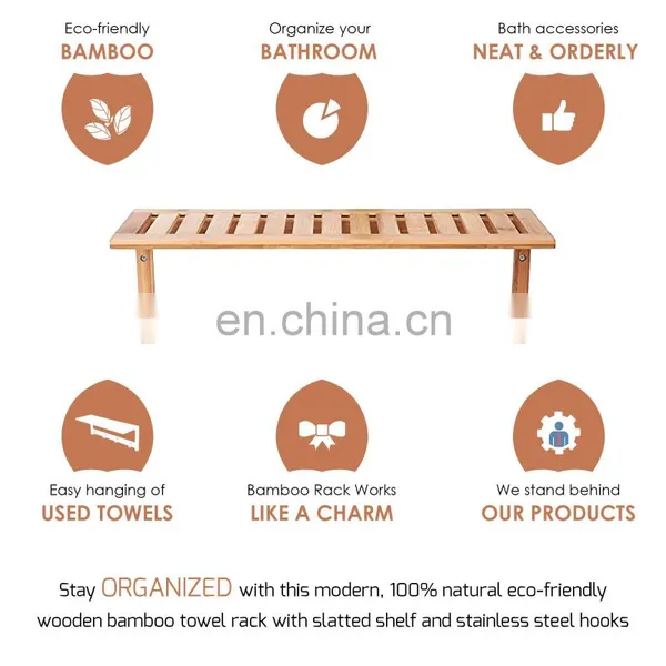 Bamboo Bathroom Shelf Wall Mounted Storage Organizer Towel Shelves Kitchen Living Room With 4 Stainless Steel Hooks photo-4