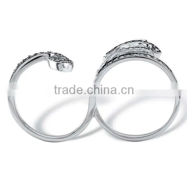 Silvertone Pave Black Spinel and Cubic Zirconia Coiling Two-Finger Snake Ring photo-2