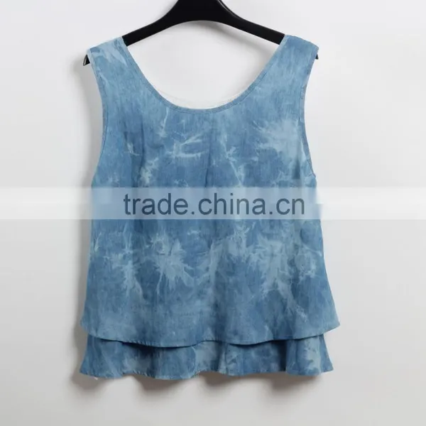 OEM Custom Designs Denim Shirt With Lace Sleeveless Causal Girl Woman Top in Guangzhou photo-3