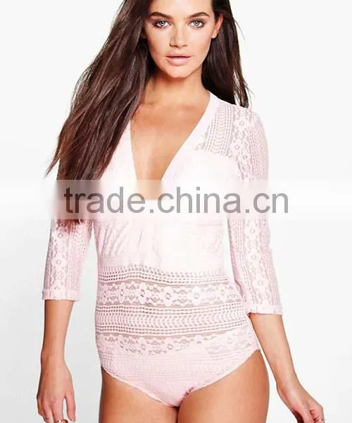 2016 Cheap Wholesale Hot Sale Popular Sexy Open Girl Lace Long Sleeve Bodysuit Women photo-4