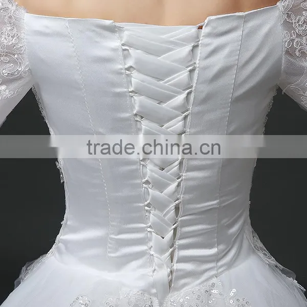 MGOO Elegant Old Castle Long Tail Wedding Dress Lao White Embroidery Off Shoulder 3/4 Long Sleeves Dress photo-5