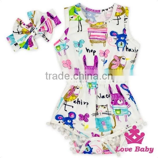 2LLY-090 Lovebaby Punjabi Designer Suits Boutique Printed Animals With Bow Accessory Pom Pom Jumpsuits for 0-2t Baby photo-2