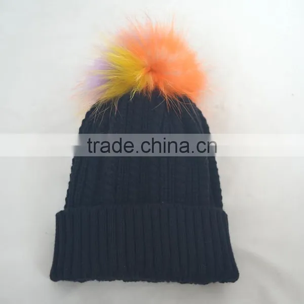 Myfur Rainbow Color Real Fur Pompom Woolen Knit Beanie Hat Wholesale photo-5