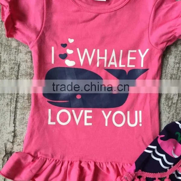 Baby Girls Shorts Sets Boutique Outfit Cute Hot Pink I Whale Love You Summer Cotton Chevron Clothes Macth With Necklace and Bow photo-2