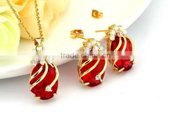 Copper Gemstone Fashion Jewelry Sets,Drop Earrings Crystal Pendant Necklace Bridal Jewelry Set (Red,Green,Blue,Purple and Black) photo-4