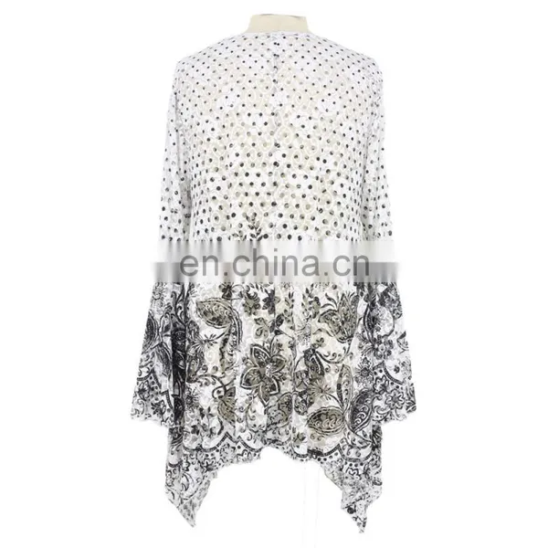 Latest Diamond Blue Flared Sleeve V Neck Floral Print Peplum Hem Blouse photo-6