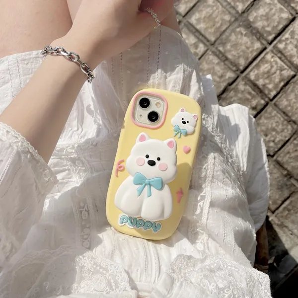 Cartoon Cute Puppy Retractable Bracket Silicone Shockproof Protective Phone Cover Case For IPhone 11 12 13 14 15 Pro Max photo-3