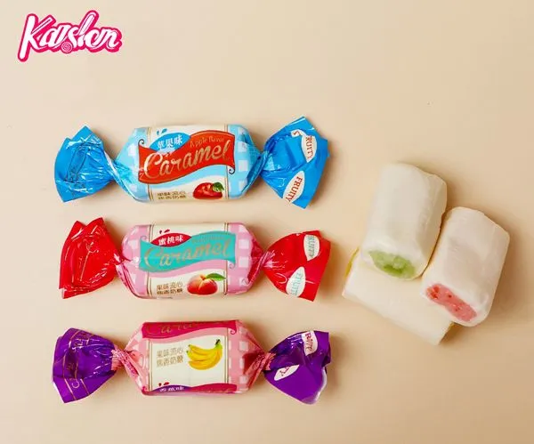 Chewy taste center filled double color fruity milk candy