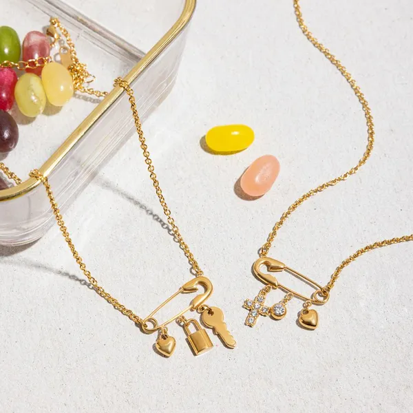 Gold Plated Safety Pin Pendant Necklace for Women Key Lock Cross Charm Necklace Stainless Steel Chain Jewelry Gift photo-5