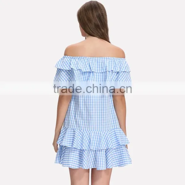 Off Shoulder Design Woman Summer Fashion Striped Blue Short Falbala Dress photo-5