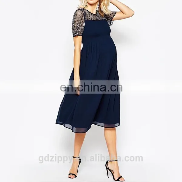 Short Sleeve Bead Top Detail Navy Chiffon Maxi Fashion Maternity Prom Dress photo-4