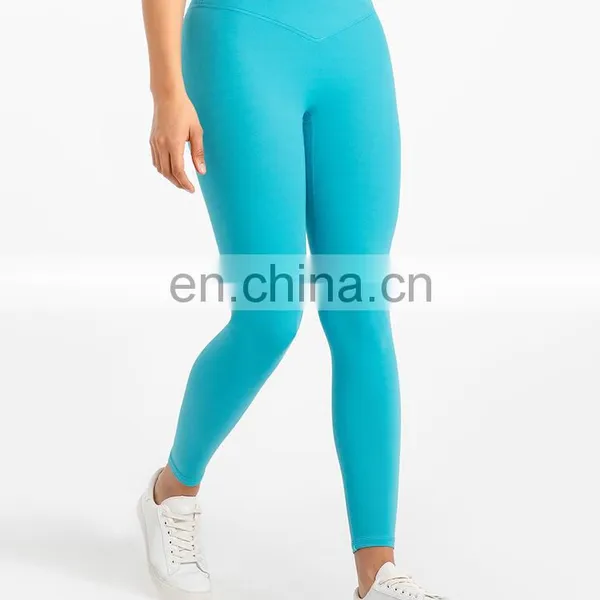 Ready To Ship Custom Logo 20 Neon Colors Yoga Leggings Cross Waistband High Waist Women Gym Sports Wear Yoga Tights Workout Wear photo-5
