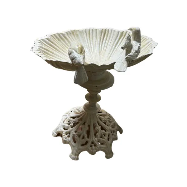 Heavy Duty Cast Iron Standing Bird Bath With 2 Decorative Birds Cream Shell photo-5