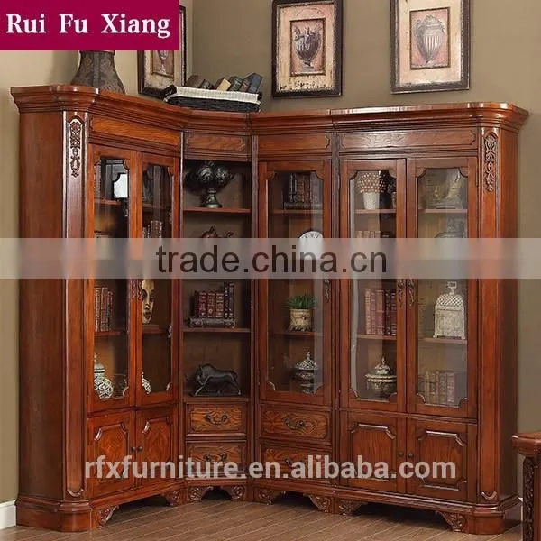 American Style Wooden Bookshelf Combination Sideboard With Glass Door and Handmade Carving AI-202