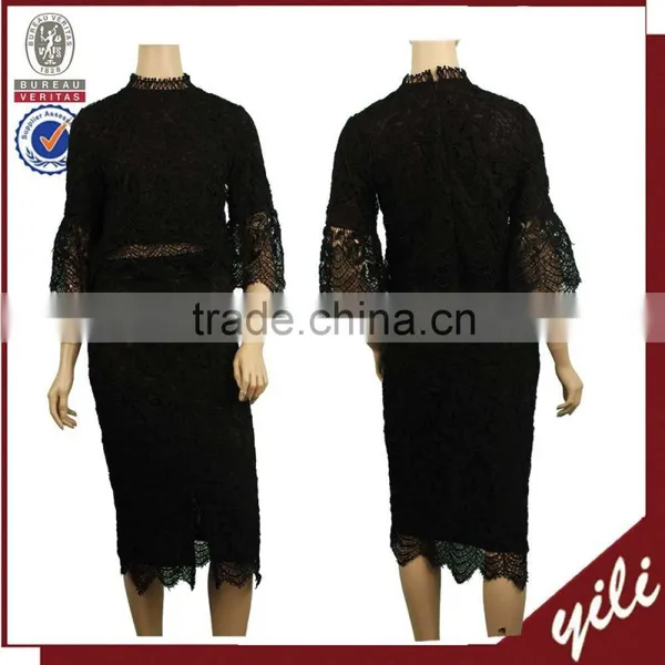 Lace Pattern Blouse Skirt Two Pieces Suit Cover 3/4 Sleeve Woman Suit