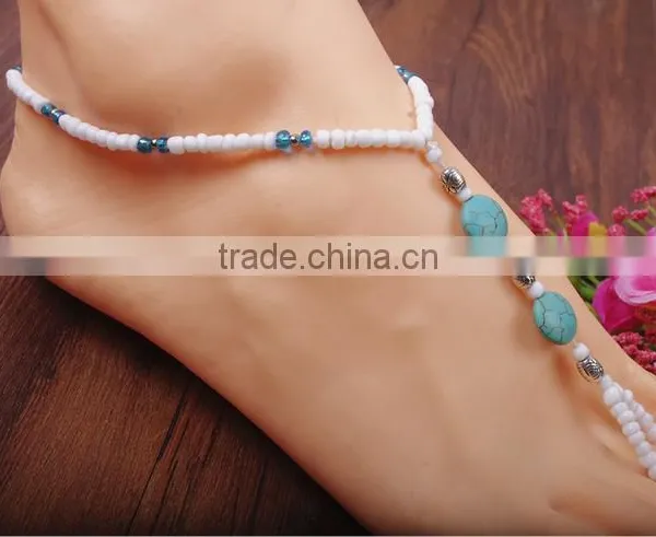 Gemstone Turquoise Beads Pearl Barefoot Beach Sandals Bridal Diamante Anklet photo-2