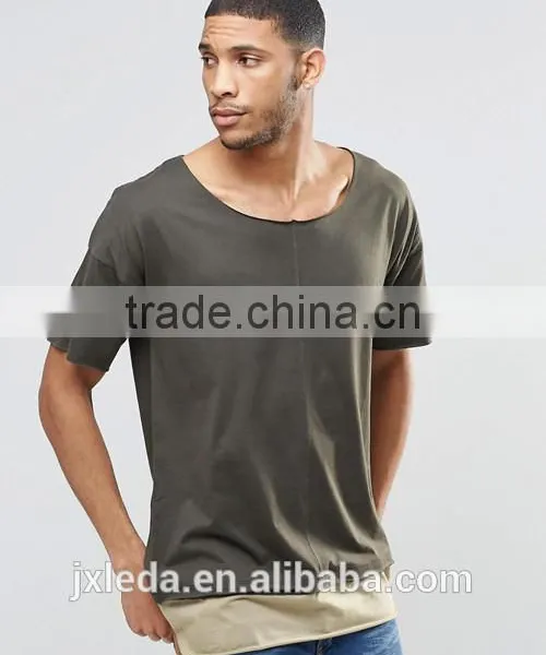 Men Cheap Plain Boat Neck Longline Army Green T-shirt Wholesale photo-4