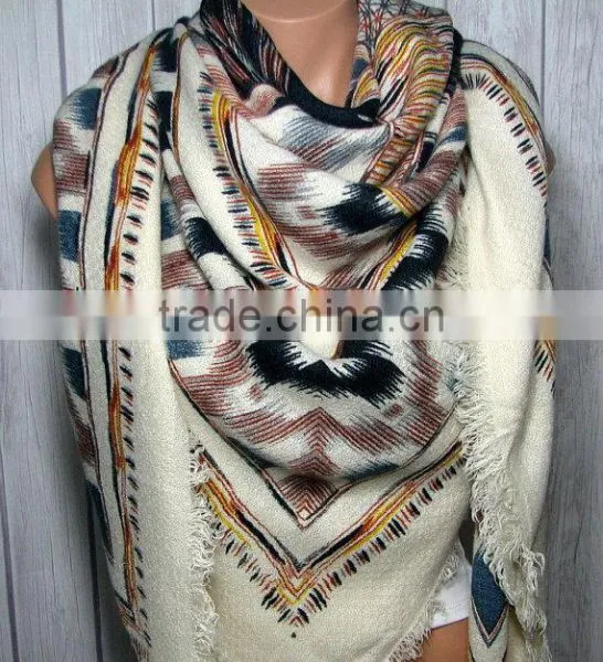 Blanket Scarf, Powder Blue, Cream, Black, Yellow, Boho Aztec Tribal Womens Oversized Large Winter Scarves photo-2