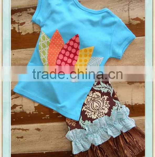 Turkey Tail Set Double Ruffle Pants and Turkey Top Long or Short Slvd Applique Blue Shirt & Floral Ruffle Pant Set 2016 photo-4