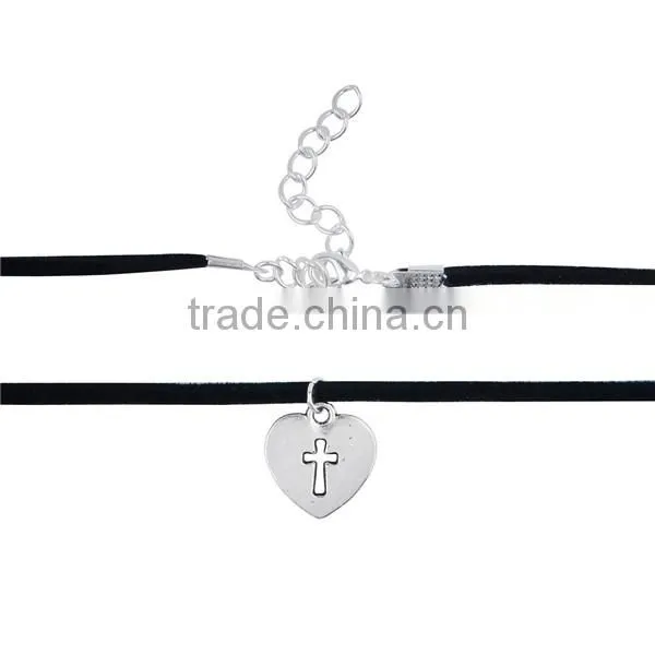 Antique Silver Black Heart Cross 33.5cm Long Velvet Suede Halloween Choker Necklace photo-2