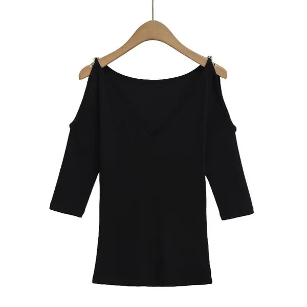 Summer New Fashionable Casual V-neck off Shoulder Design Slim Fit Top Solid Color Mid Sleeve T-shirt photo-2