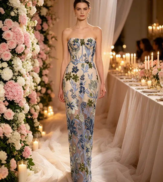 Evening Gown, Socialite Strapless Mesh Floral Embroidered Long Dress, Banquet Party Dress,