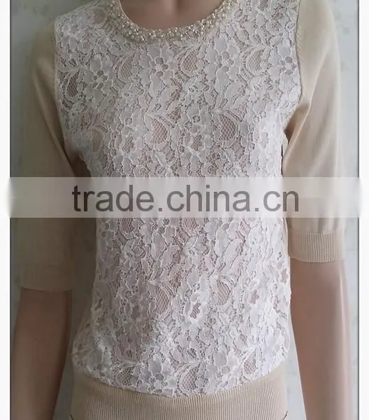2015 Women Knitting Ladies' Blouse Short Sleeve Beaded Round Neck Pullover With Lace Patchwork photo-4