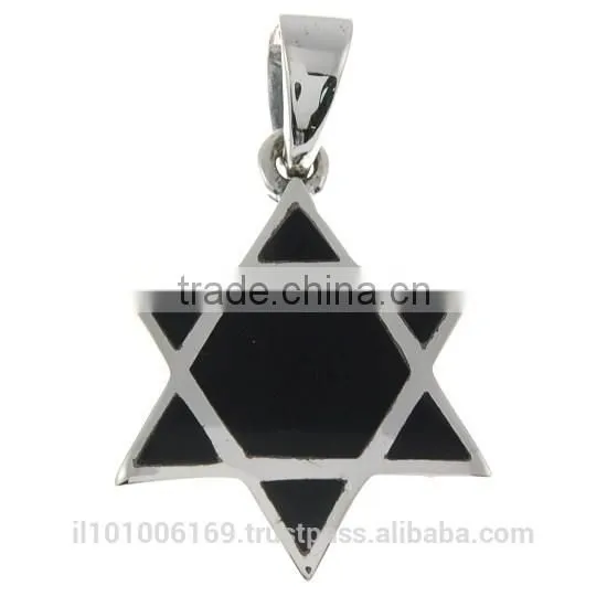 Black Onyx Star of David Mens Silver Pendant, P19